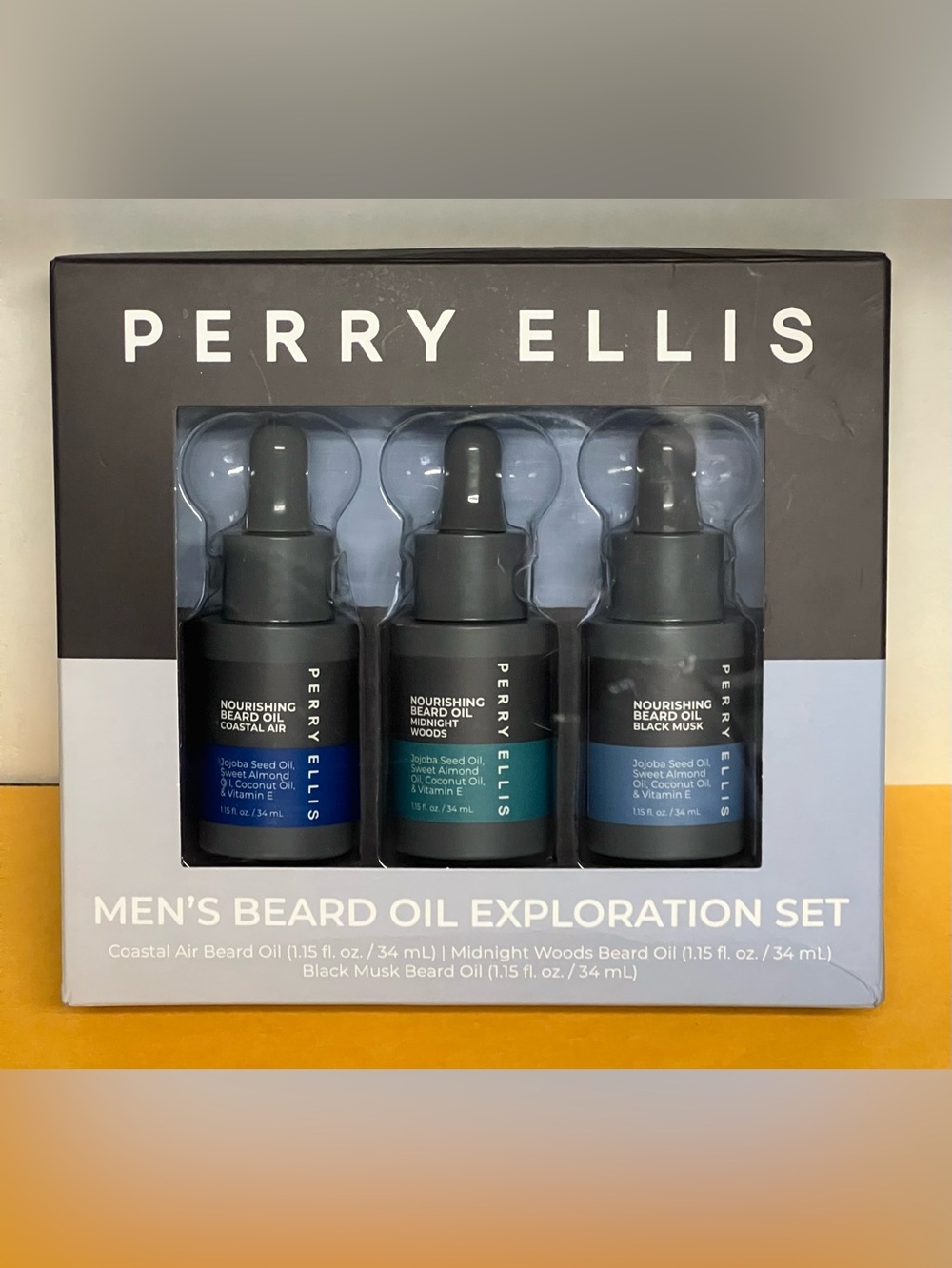 Perry Ellis Men's Beard oil exploration set: Air/ Midnight Wood/ Black Musk oil.